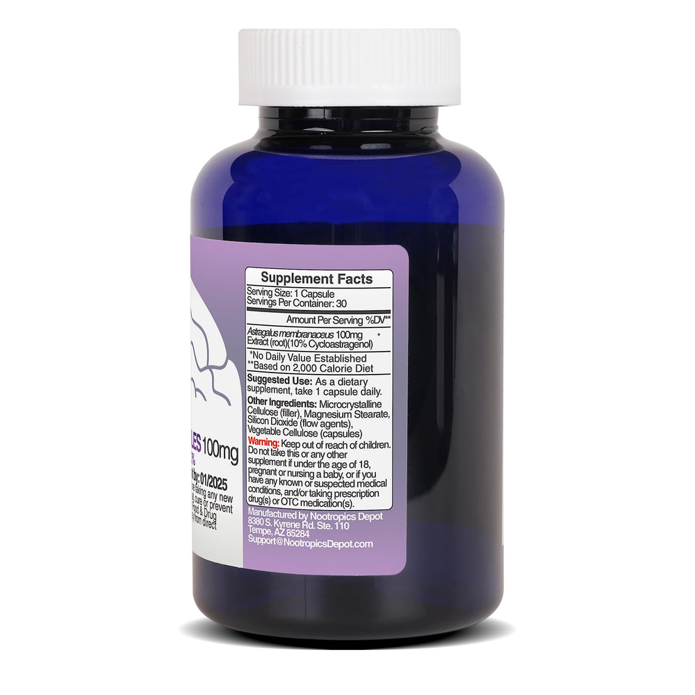 Nootropics Depot Cycloastragenol capsules close-up promotes cellular aging insights.