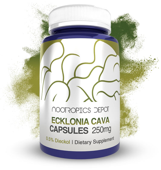 Nootropics Depot Ecklonia Cava capsules bottle closeup; 250 mg formula for daily support.