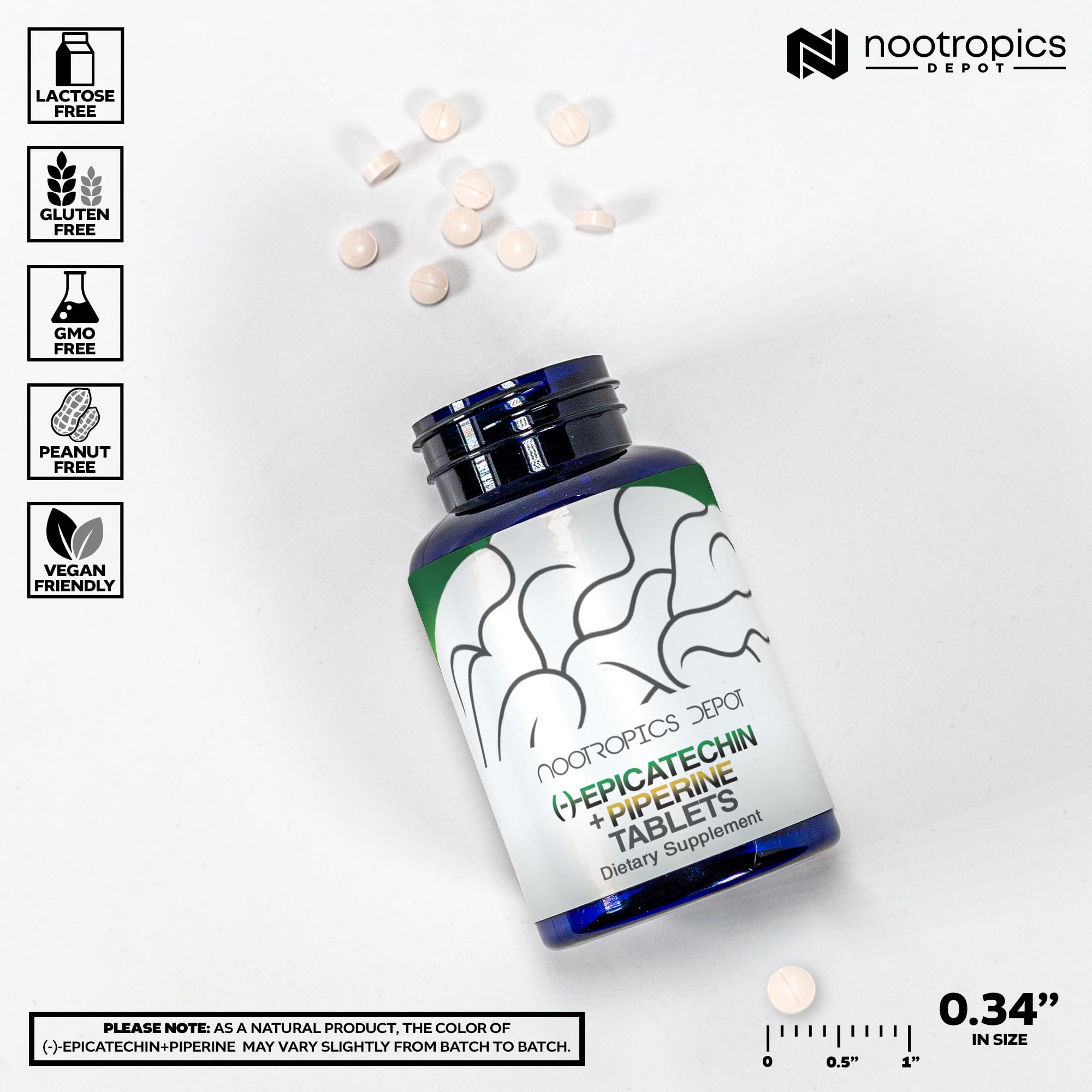 Nootropics Depot Epicatechin tablets back label with supplement facts and cardiovascular notes.