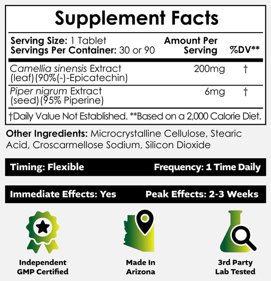 Nootropics Depot Epicatechin tablets front label emphasizes bioavailability and ingredients.