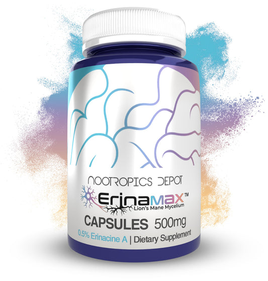 Nootropics Depot Erinamax bottle on a shelf with Lion's Mane capsules for daily focus.