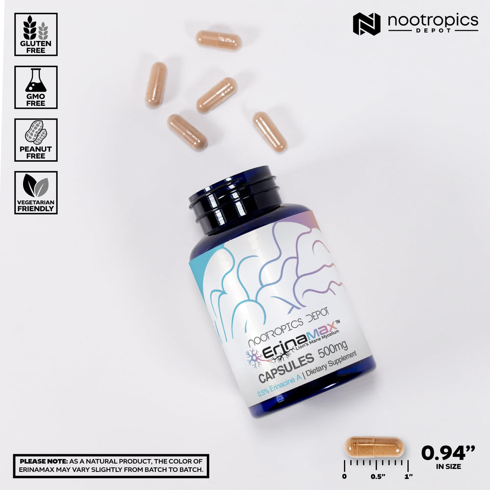 Detail of Erinacine A 2.5 mg annotation on Erinamax packaging.