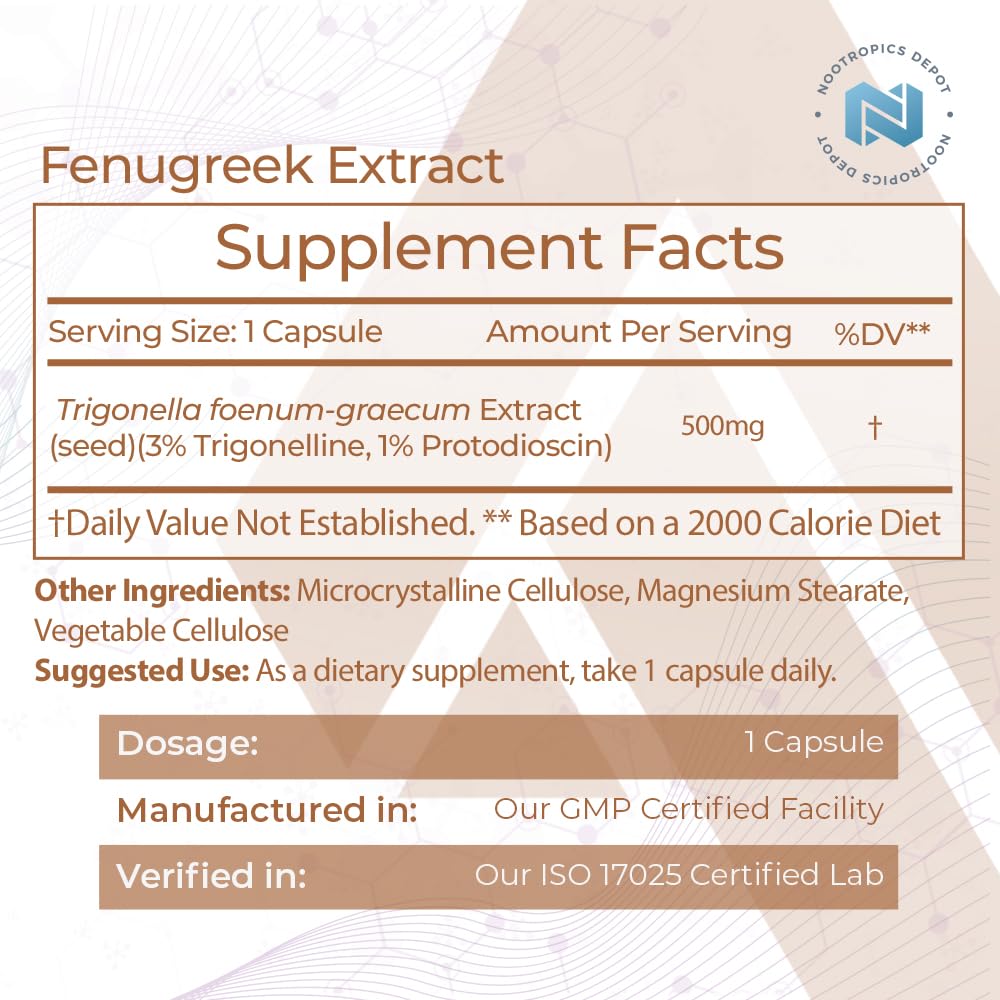 Nootropics Depot fenugreek bottle label highlights trigonelline and protodioscin for focus.