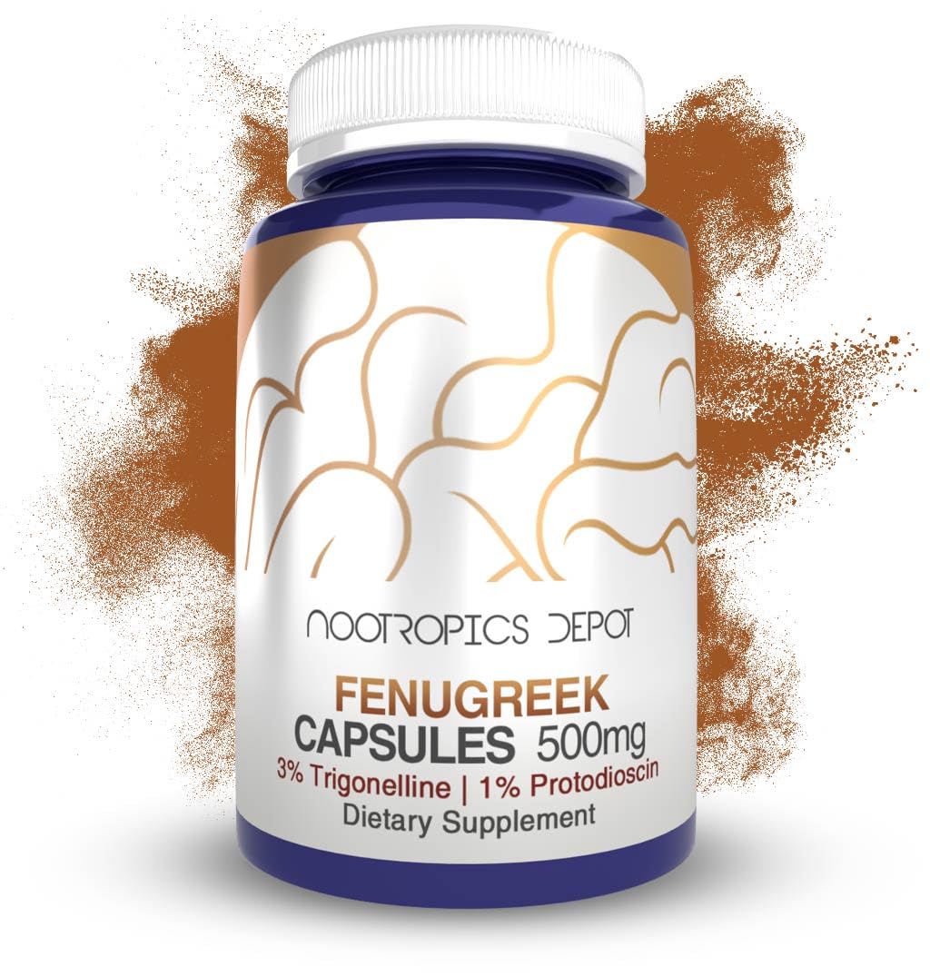 Nootropics Depot fenugreek extract capsules 180ct package, daily serving for mood and metabolism support.