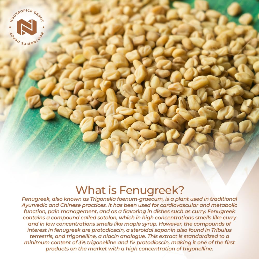 Nootropics Depot fenugreek extract capsules closeup emphasizes capsule texture and potency.