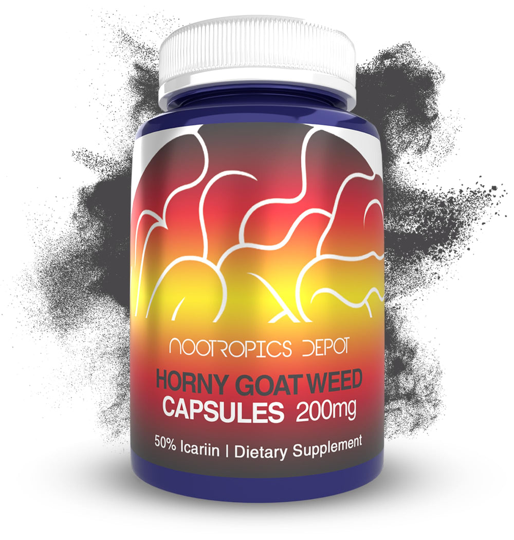 Nootropics Depot Horny Goat Weed capsules front label highlighting potent icariin