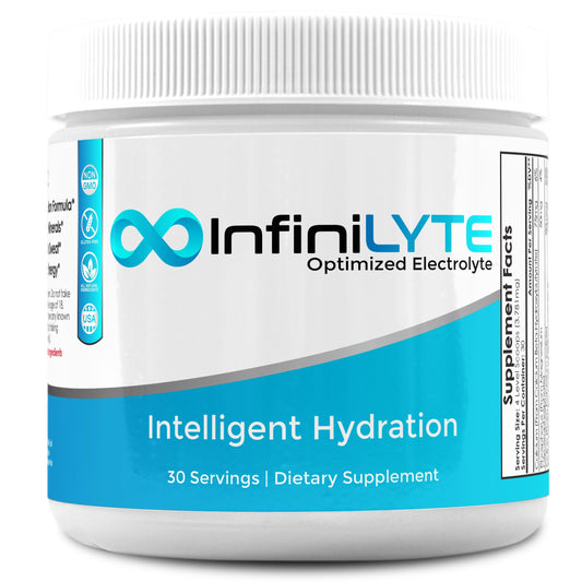 Nootropics Depot InfiniLYTE bottle-front showcasing keto-friendly hydration for workouts.