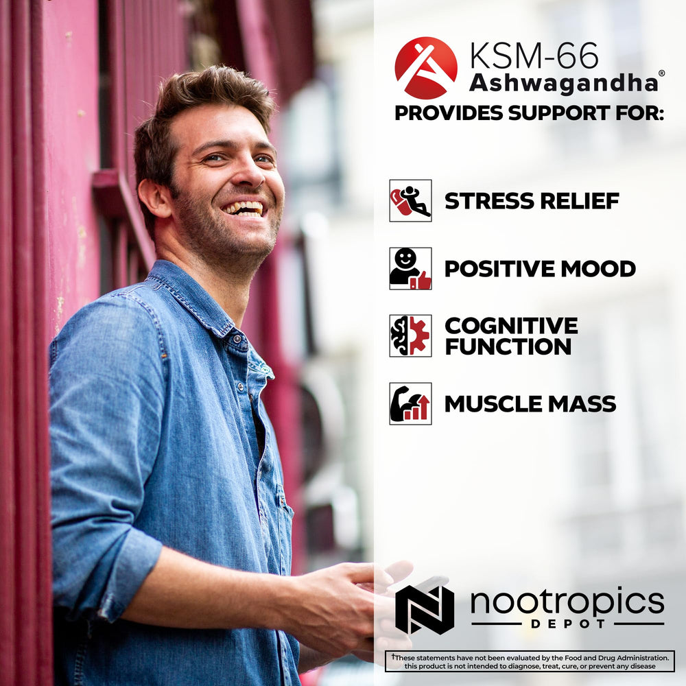 Nootropics Depot KSM-66 Ashwagandha capsules with lab-tested badge for quality.