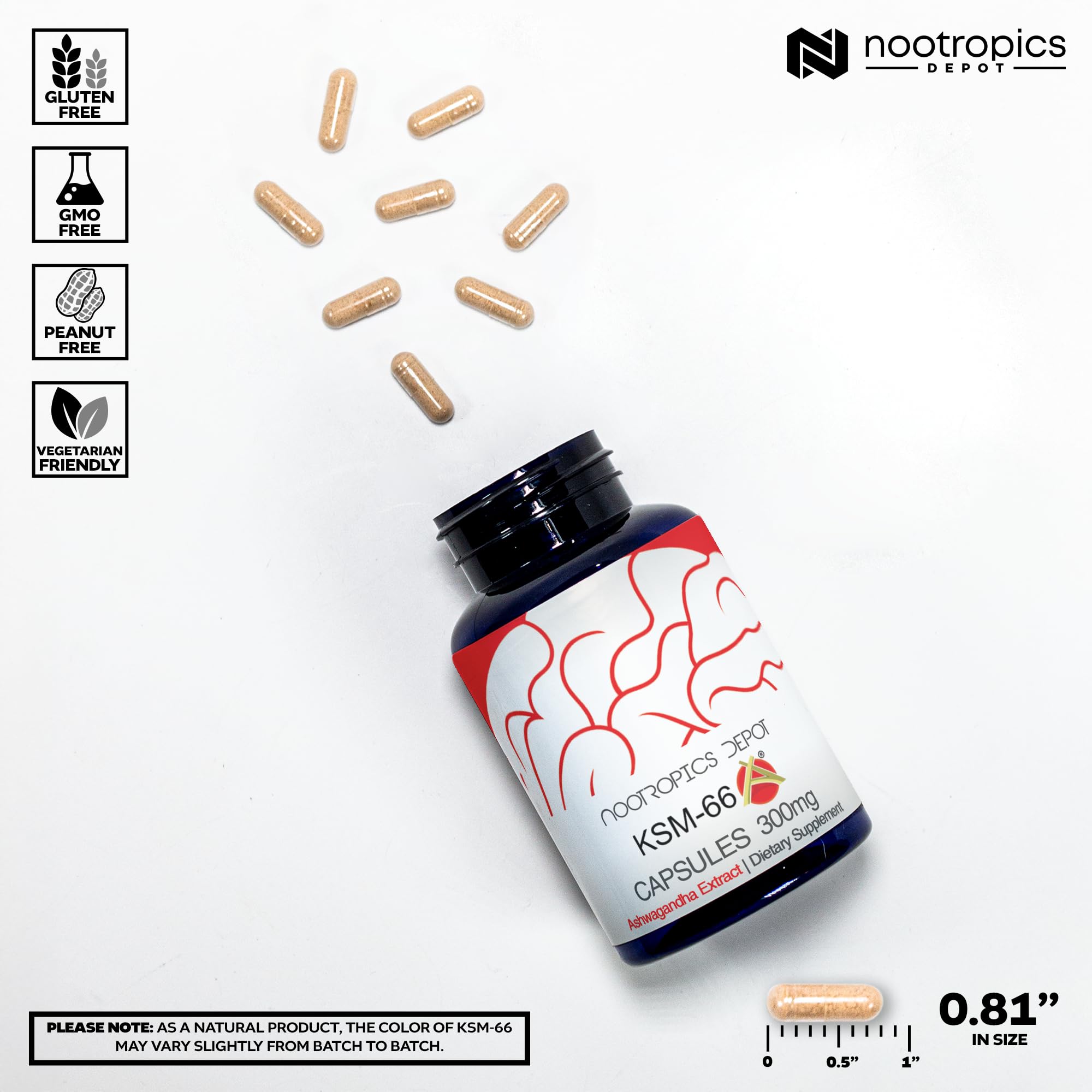Nootropics Depot KSM-66 Ashwagandha label highlights purity and strength.