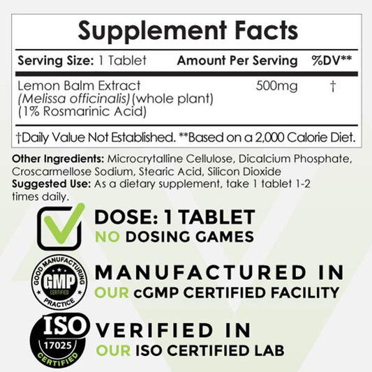 Nootropics Depot Lemon Balm Extract label close-up highlights 500 mg potency.