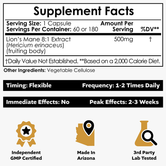 Nootropics Depot Lions Mane capsules closeup highlighting 500mg dose for daily use