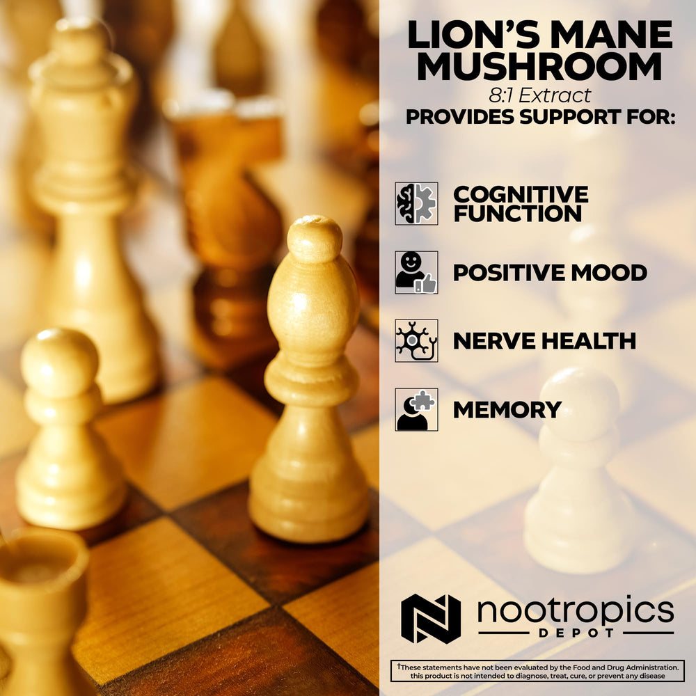 Nootropics Depot Lions Mane capsules being dispensed from bottle