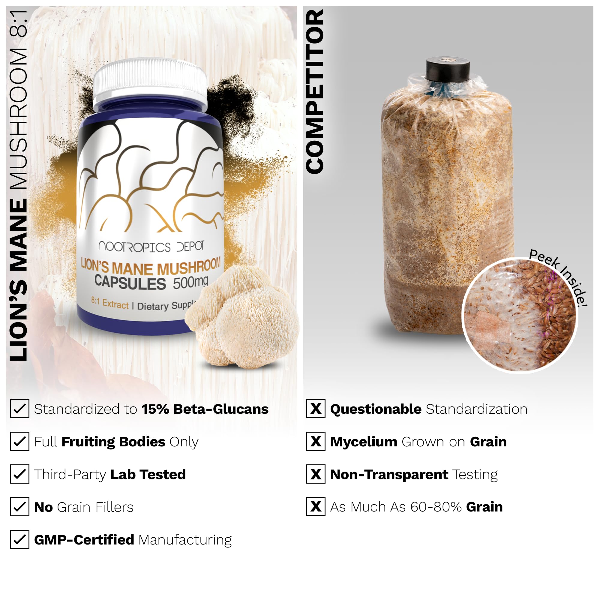 Nootropics Depot Lions Mane packaging box on a clean surface