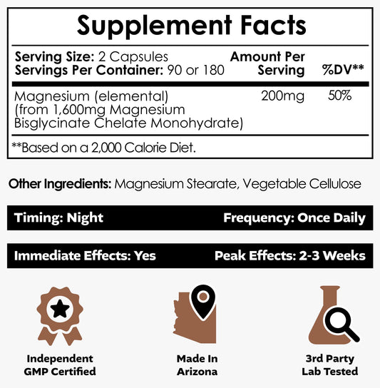 Nootropics Depot Magnesium Glycinate bottle closeup for calm relaxation and smooth capsule experience.
