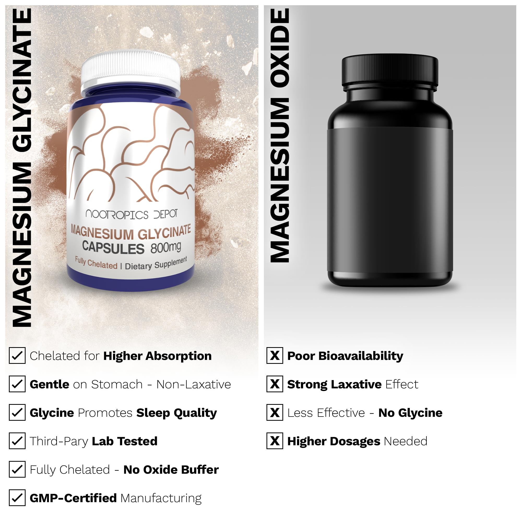 Nootropics Depot closeup of capsules emphasizes gentle relaxation without laxative effects.