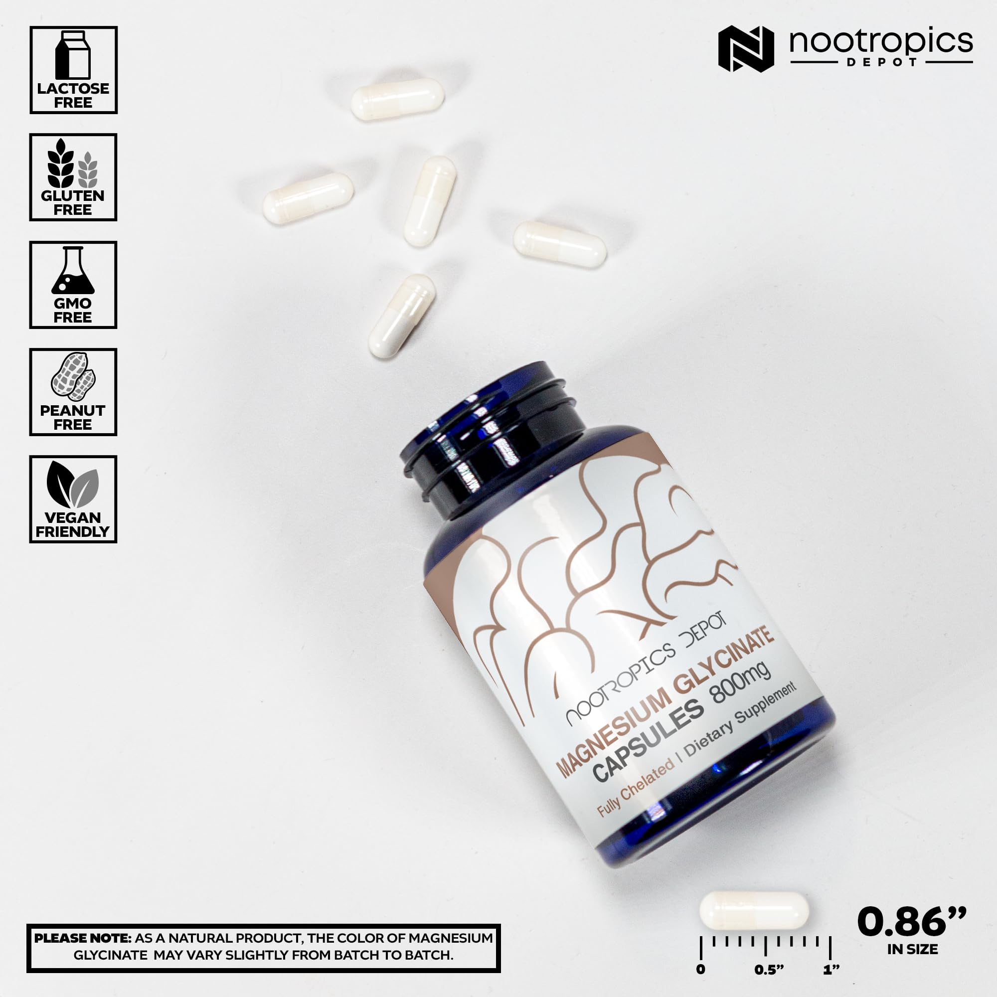 Nootropics Depot Magnesium Glycinate label closeup highlights high absorption formula.