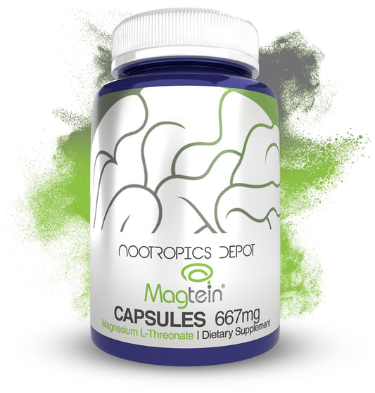 Nootropics Depot Magtein bottle on a shelf ready for daily use and focus.