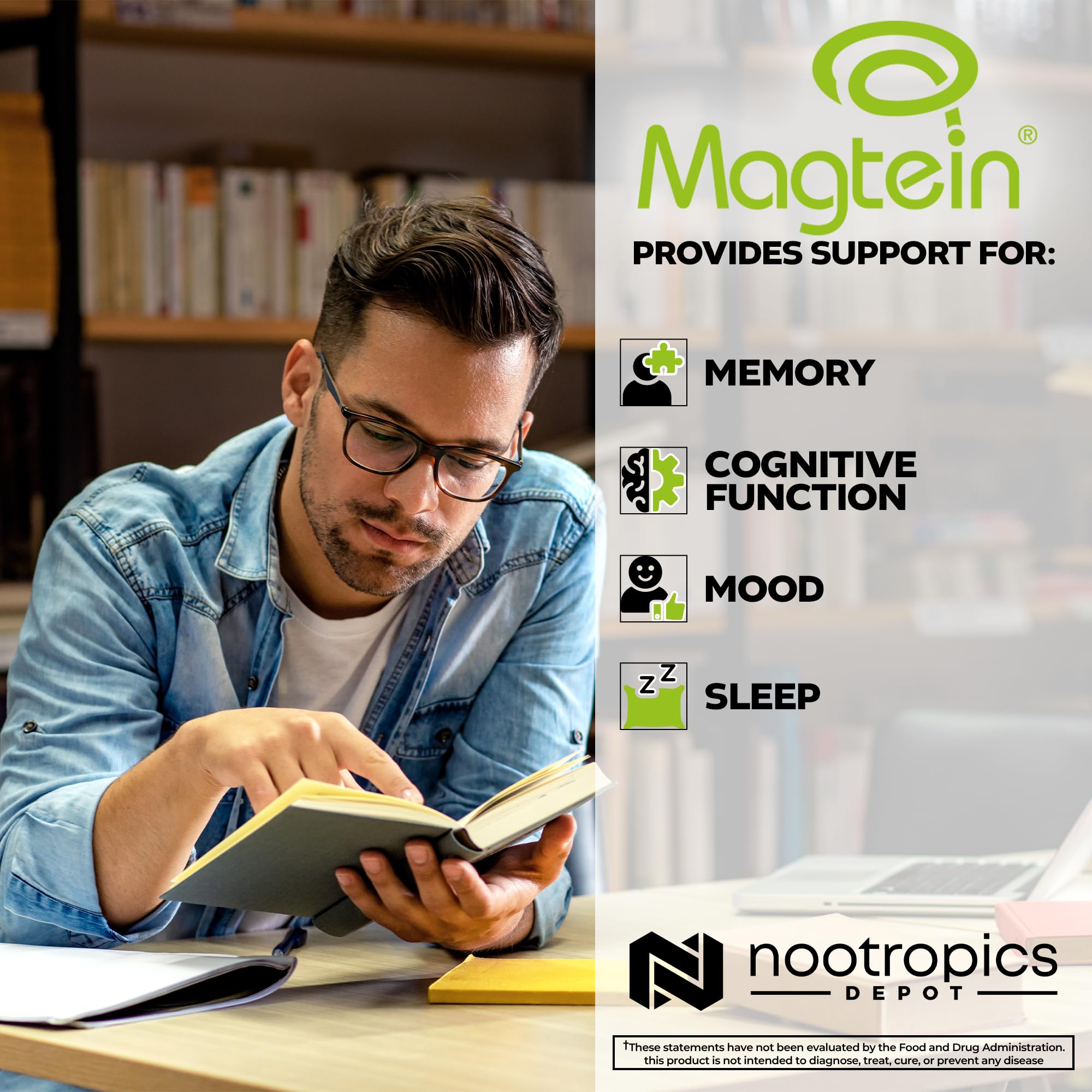 Magtein bottle beside a glass, suggesting nighttime calm and restful sleep.