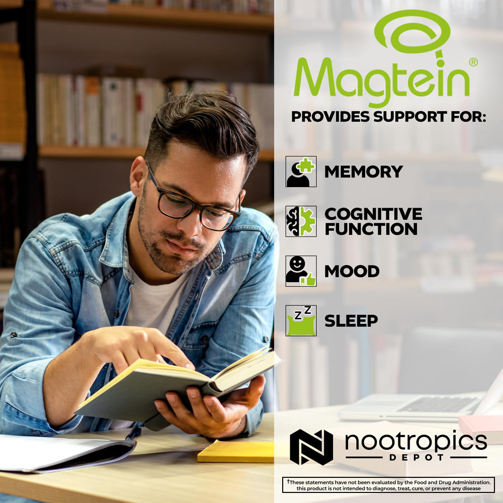 Magtein bottle beside a glass, suggesting nighttime calm and restful sleep.