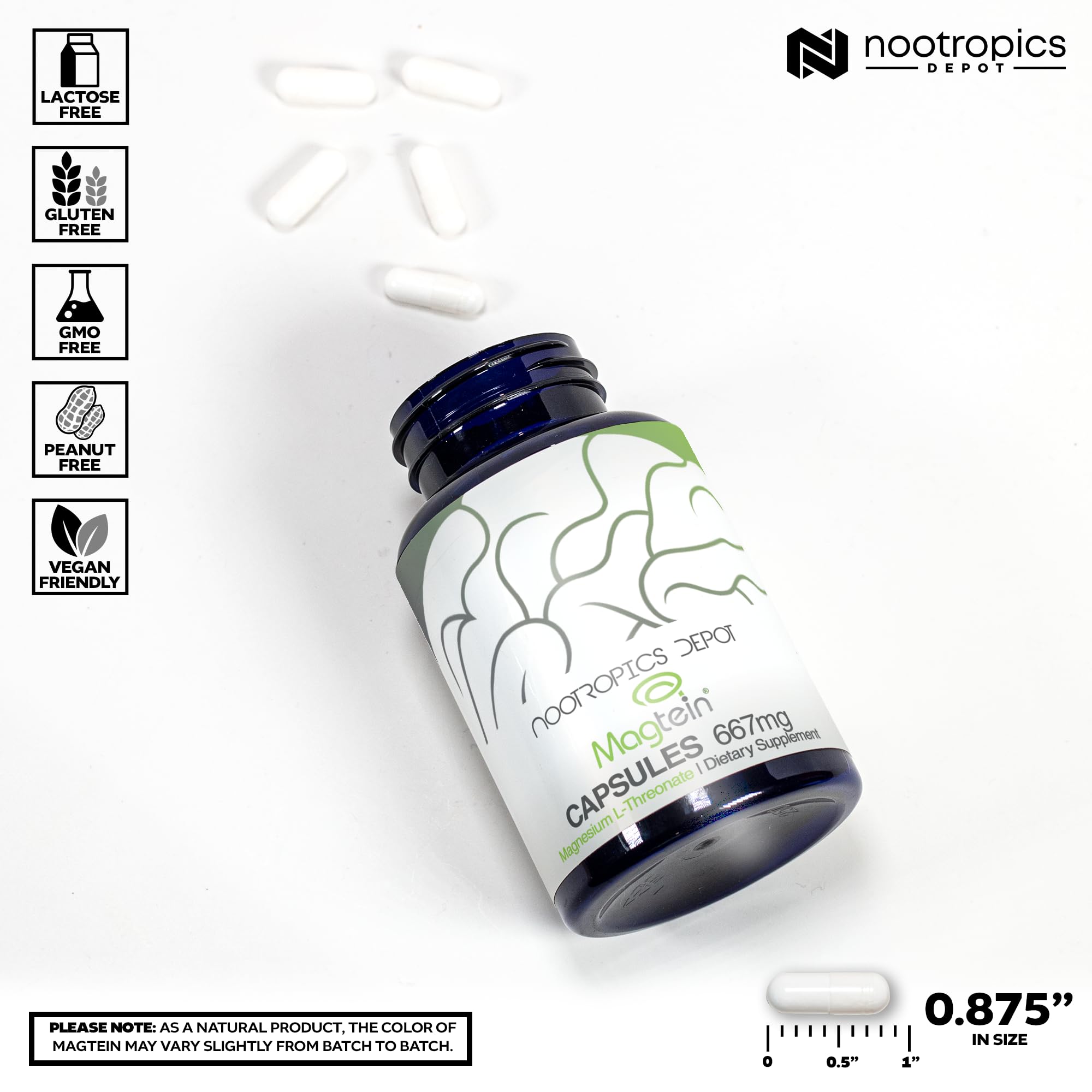 Nootropics Depot Magtein capsules pour into hand, signaling easy daily cognitive support.