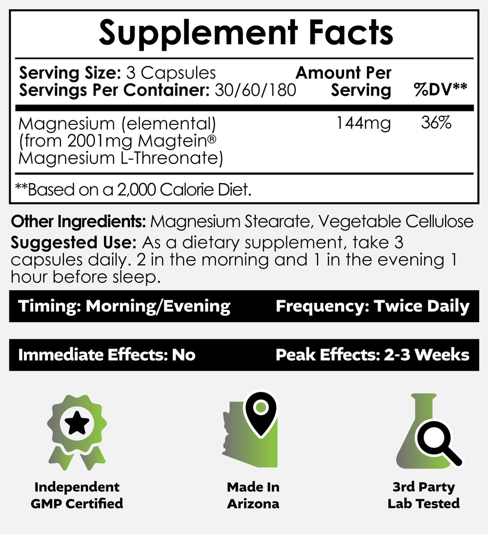 Close-up of Nootropics Depot Magtein label highlights purity and quality.