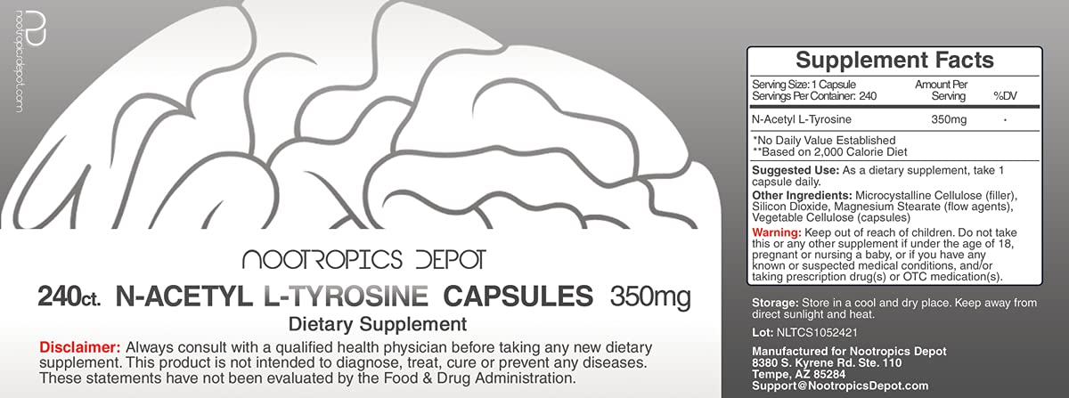Closeup of Nootropics Depot N-Acetyl L-Tyrosine capsules highlighting purity
