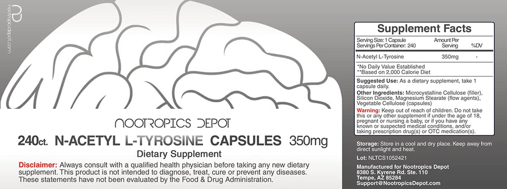 Closeup of Nootropics Depot N-Acetyl L-Tyrosine capsules highlighting purity