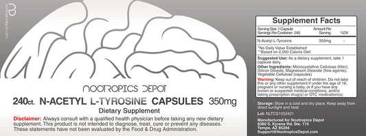 Closeup of Nootropics Depot N-Acetyl L-Tyrosine capsules highlighting purity
