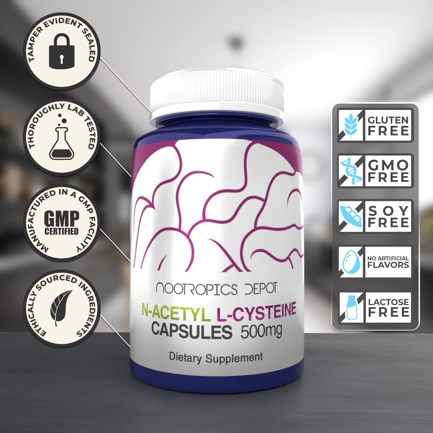 NAC capsules side view in bottle, compact for travel and daily routines