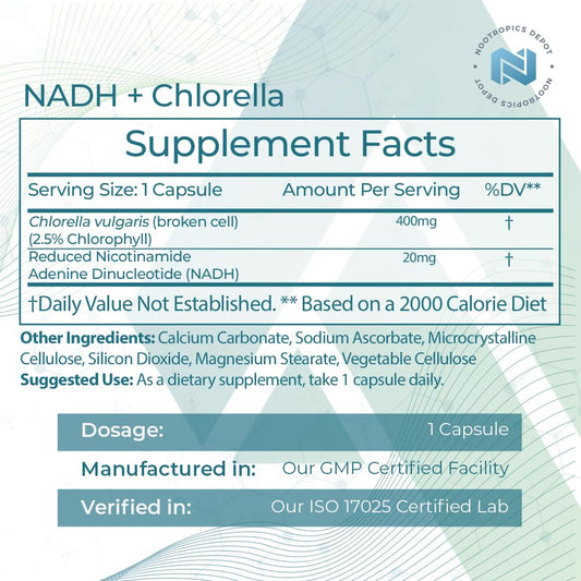 Nootropics Depot NADH + Chlorella 400mg capsules for sustained energy.