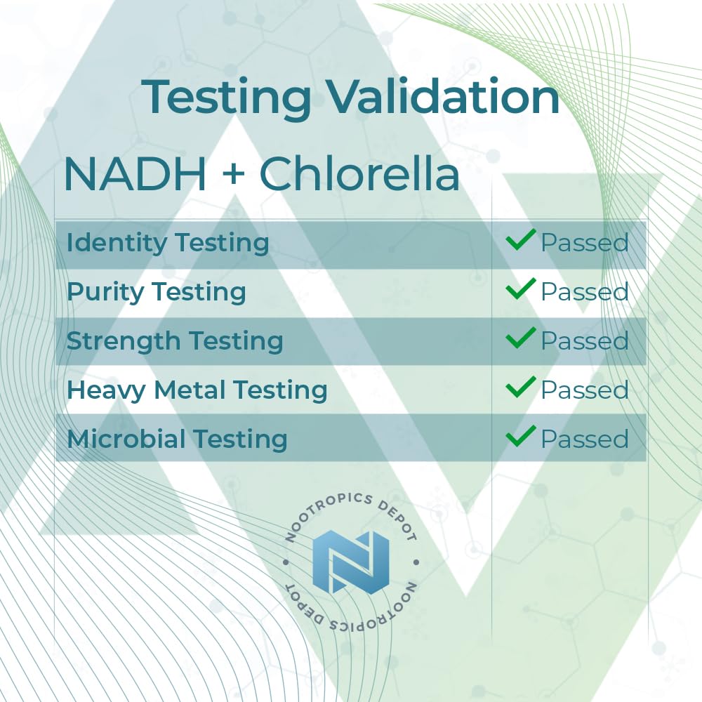 Package design emphasizes stability with chlorophyll in NADH blend.