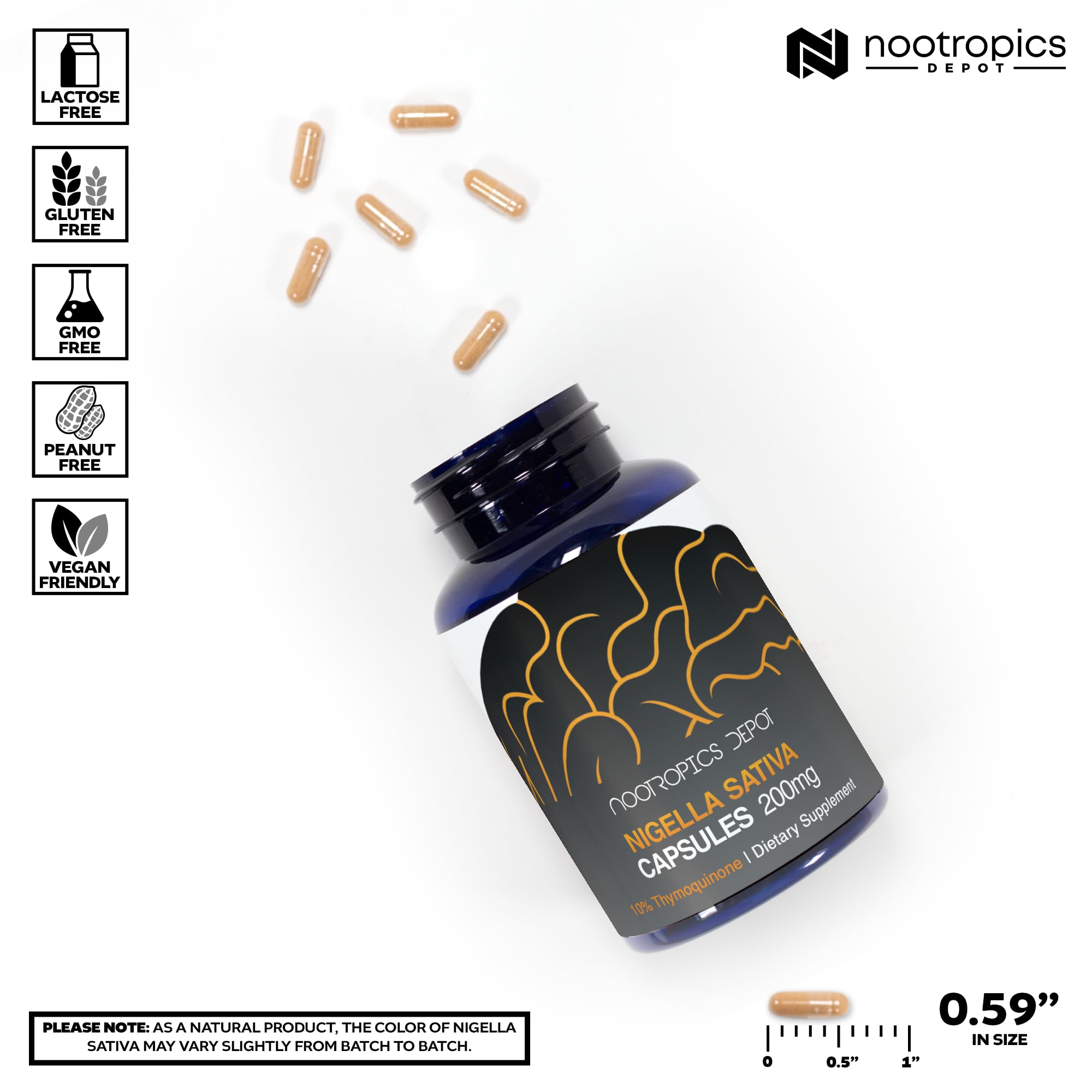 Label view of Nigella Sativa extract capsules showing standardized content and bottle size