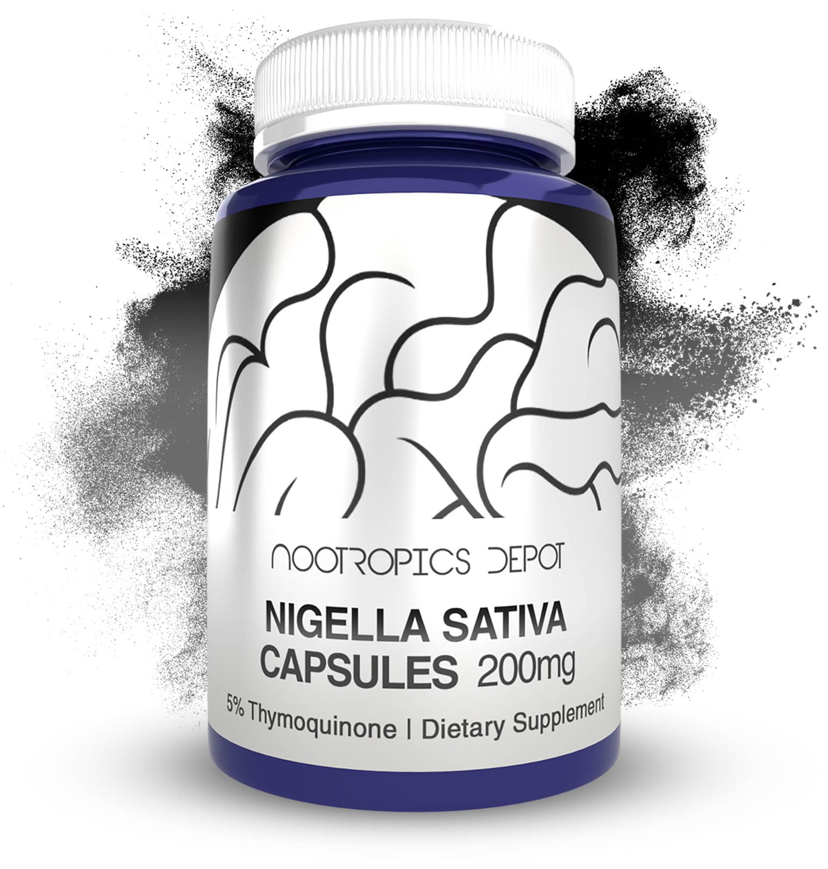 Nootropics Depot Nigella Sativa capsules bottle close-up, highlighting purity for daily use.