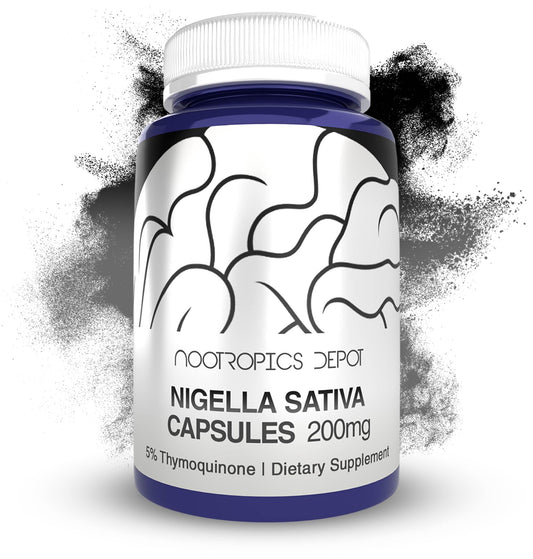 Nootropics Depot Nigella Sativa capsules bottle close-up, highlighting purity for daily use.
