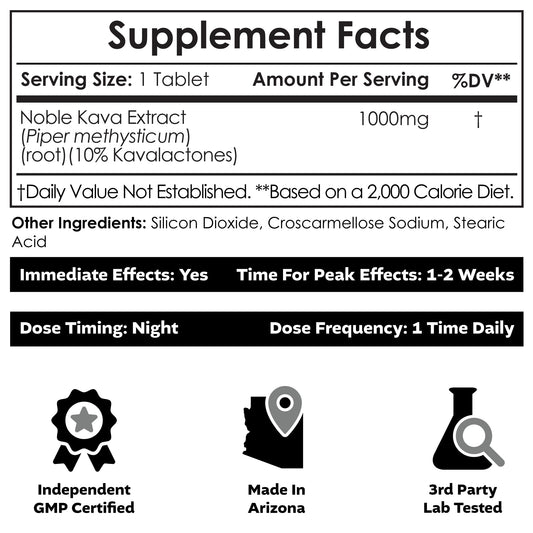 Nootropics Depot Noble Kava tablets back label highlighting kavalactone content and usage guidance