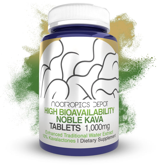 Nootropics Depot Noble Kava tablets bottle front showing 1000mg strength for relaxed focus