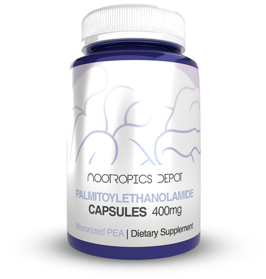 Nootropics Depot Palmitoylethanolamide capsules bottle front for daily comfort support.