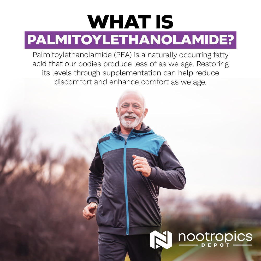 Nootropics Depot Palmitoylethanolamide bottle open with capsules visible for easy dosing.