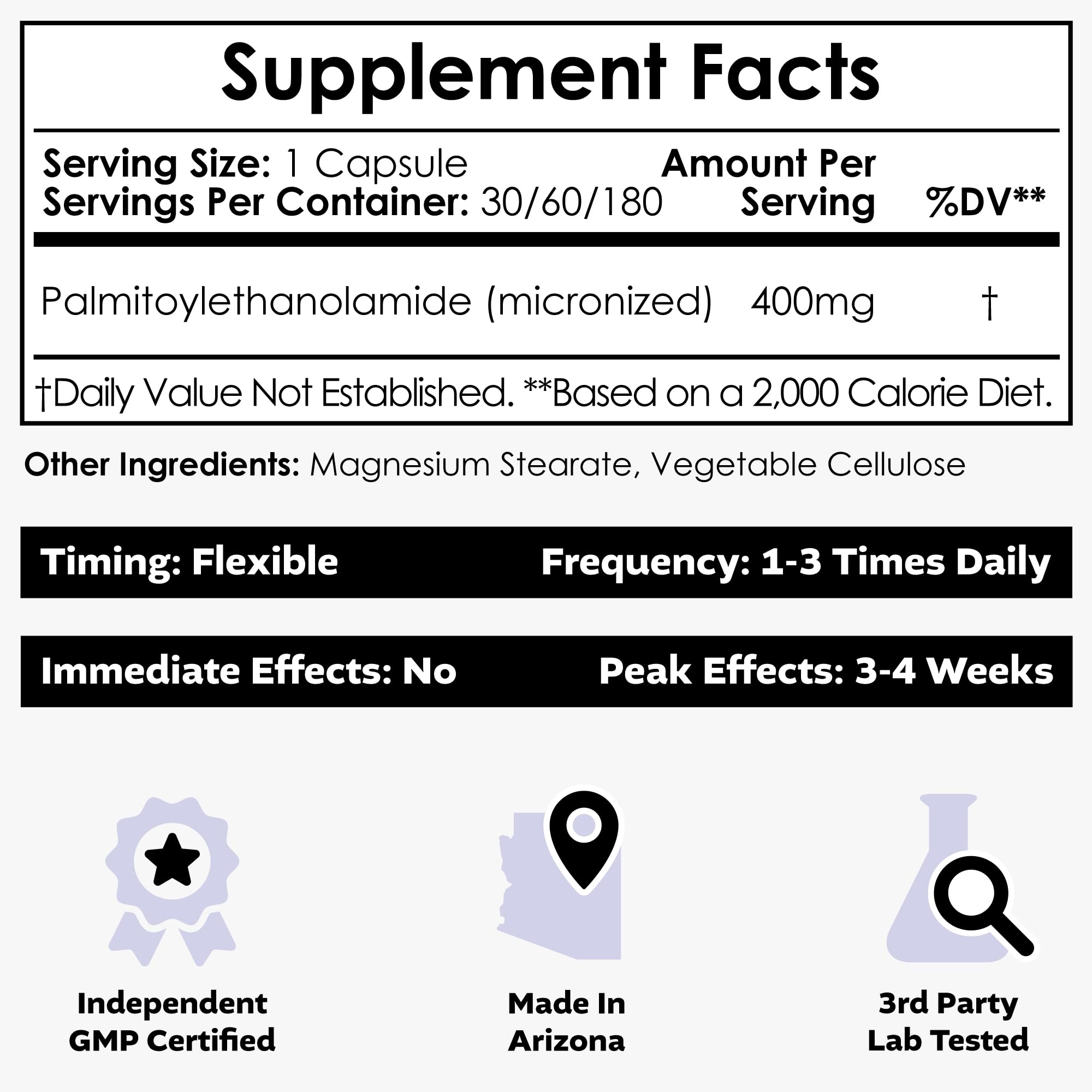 Nootropics Depot Palmitoylethanolamide bottle side view showing 400 mg capsules.