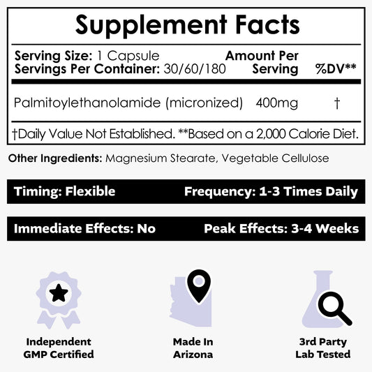 Nootropics Depot Palmitoylethanolamide bottle side view showing 400 mg capsules.