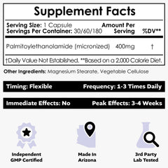 Nootropics Depot Palmitoylethanolamide bottle side view showing 400 mg capsules.