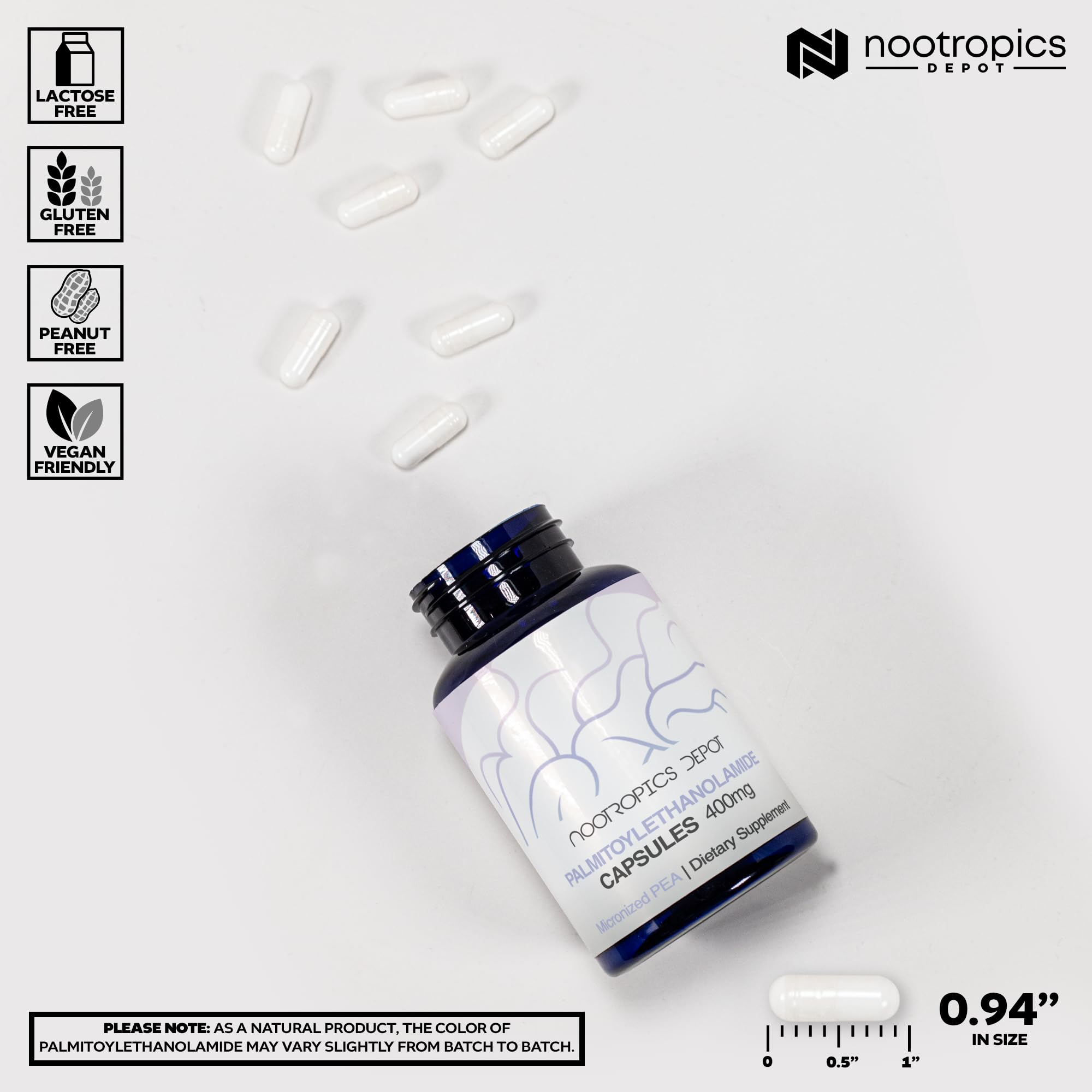 Nootropics Depot Palmitoylethanolamide capsules pack highlights 180-count quantity.