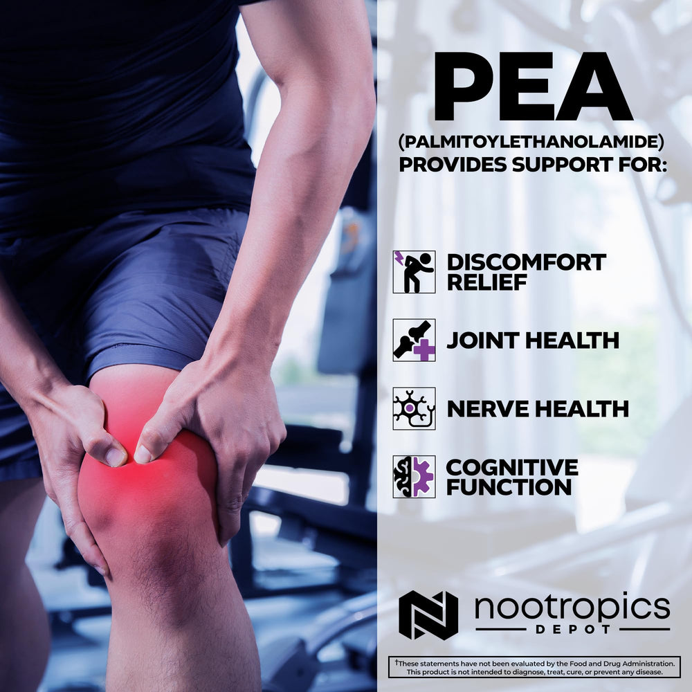 Nootropics Depot Palmitoylethanolamide label closeup emphasizing micronized formulation.