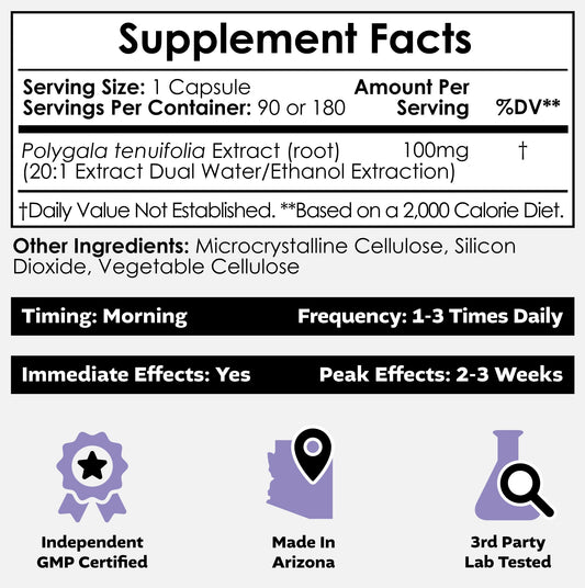 Nootropics Depot Polygala tenuifolia 20:1 extract bottle highlighting concentrated memory support.