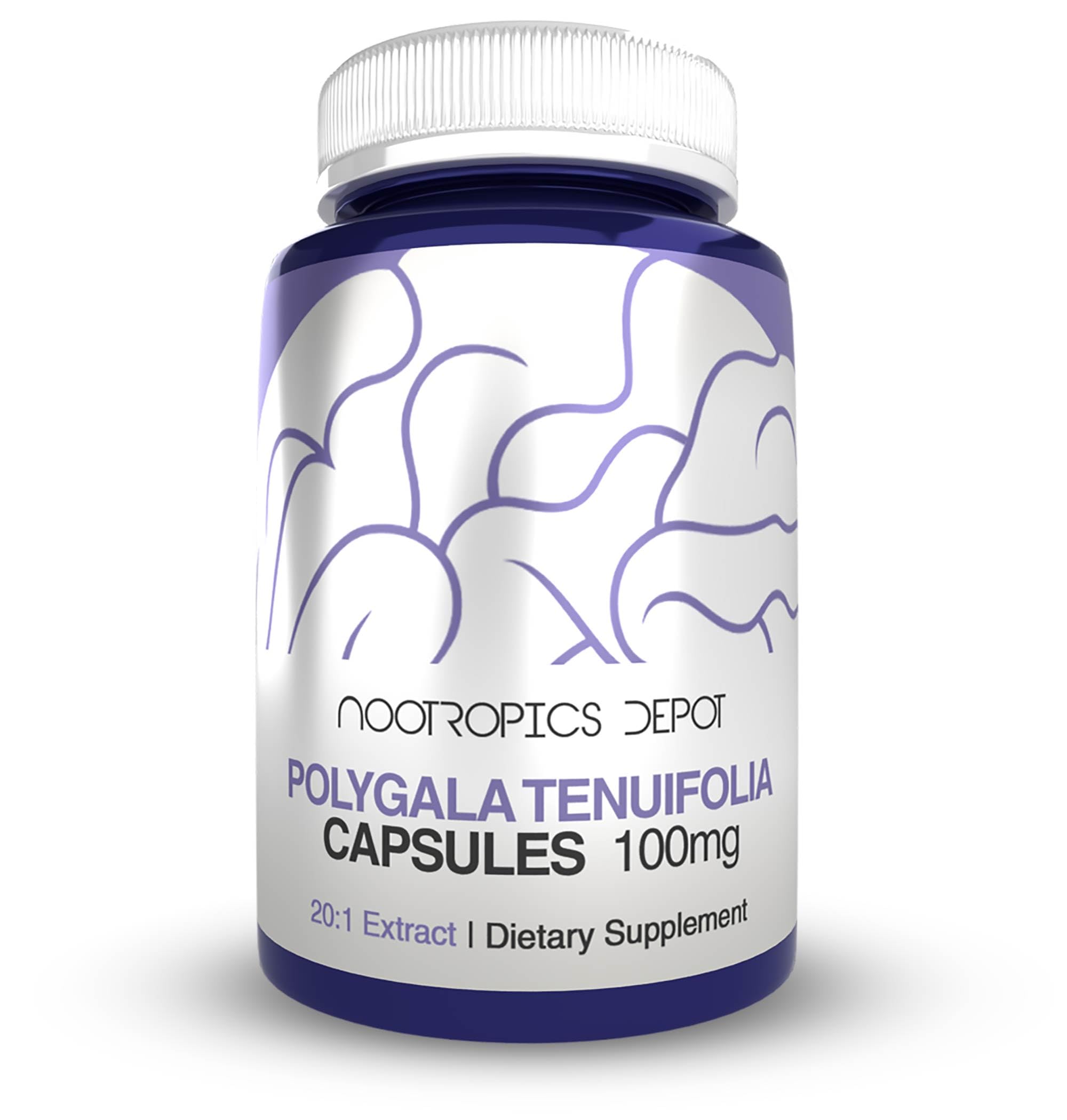 Nootropics Depot Polygala capsules 100mg bottle for daily cognitive support.