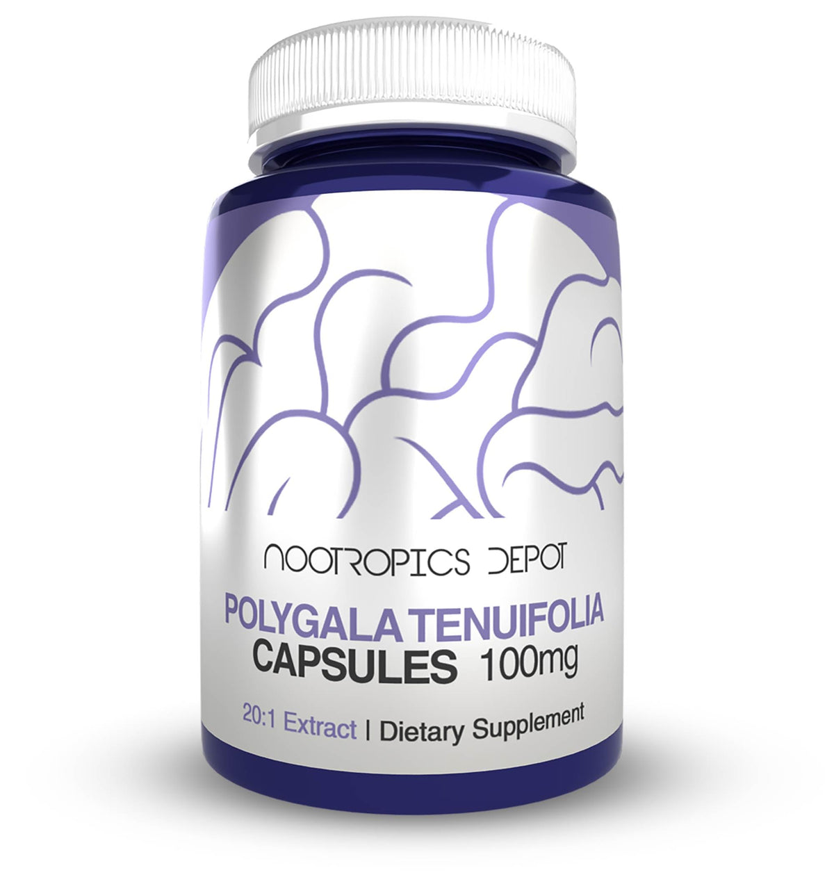 Nootropics Depot Polygala capsules 100mg bottle for daily cognitive support.