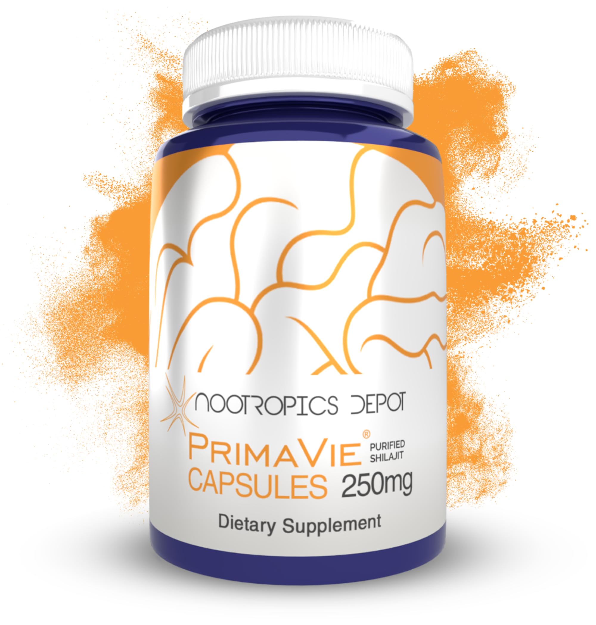 Nootropics Depot PrimaVie Shilajit capsules bottle highlights purified Himalayan extract for energy support.