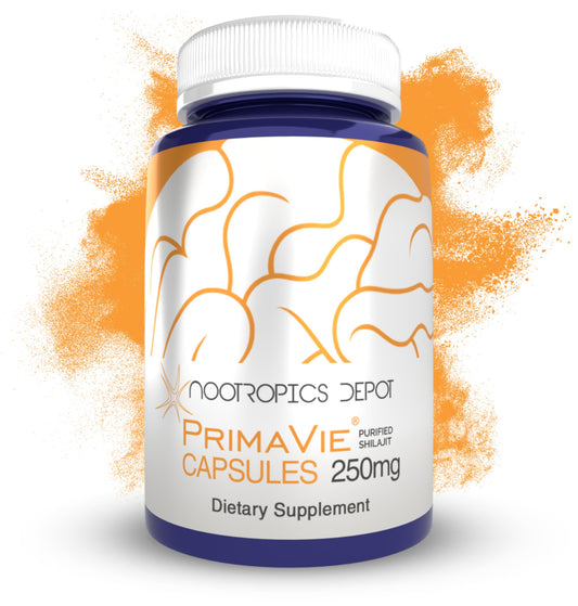 Nootropics Depot PrimaVie Shilajit capsules bottle highlights purified Himalayan extract for energy support.