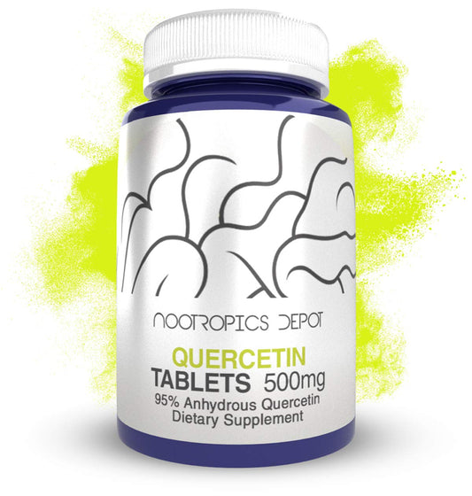 Nootropics Depot Quercetin 500mg bottle with 120-count label for daily immune support potential.