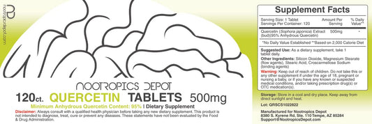 Nootropics Depot Quercetin 500mg bottle front view suggesting cognitive support potential.